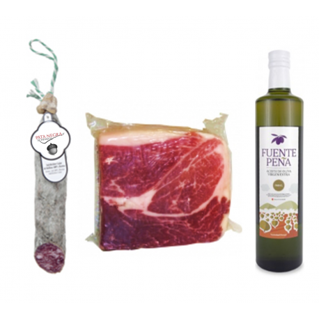 Pack Olio d'oliva Extra + 1/2 Salchichon + 1Kg di prosciutto iberico 100% Pack Olio d'oliva Extra + 1/2 Salchichon + 1Kg di prosciutto iberico 100%