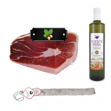 Pack Olio d'oliva Extra + 1/2 prosciutto iberico Etichetta Nera + 1 Salchichon VELA Pack Olio d'oliva Extra + 1/2 prosciutto iberico Etichetta Nera + 1 Salchichon VELA