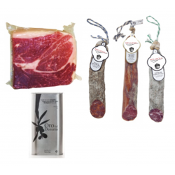 Confezione di tre 1/2 pezzi unici di salsiccia iberica + 1 kg prosciutto iberico +Olio di oliva vergine