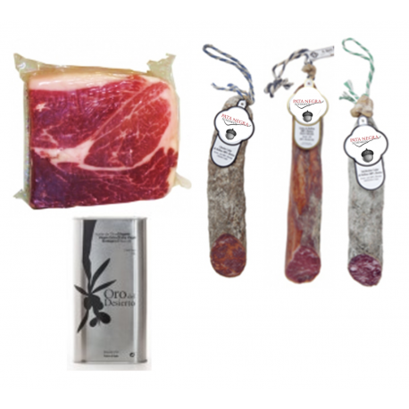 PACK of three 1/2 unique pieces of Iberian sausage + 1kg Iberian ham + Virgin Olive Oil PACK of three 1/2 unique pieces of Iberian sausage + 1kg Iberian ham + Virgin Olive Oil