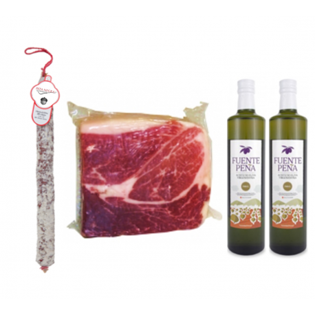Pack 2 Huile d'olive bouteille + 1Kg jambon ibérique 100% + 1 Chorizo VELA Pack 2 Huile d'olive bouteille + 1Kg jambon ibérique 100% + 1 Chorizo VELA