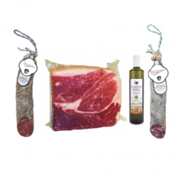 Pack Olio d'oliva Extra + 1/2 Salchichon +1/2 Chorizo + 1Kg di prosciutto iberico 100%