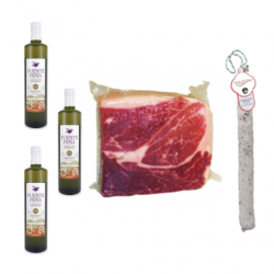Pack 3 Olivenöl Virgen Extra + 1Kg Iberischer Schinken 100% + 1 salchichon VELA