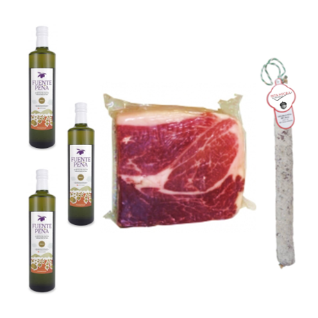 Pack 3 Huile d'olive bouteille + 1Kg jambon ibérique 100% +Salchichon VELA Pack 3 Huile d'olive bouteille + 1Kg jambon ibérique 100% +Salchichon VELA