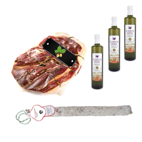 Pack Huile d'olive bouteille + Salchichon VELA + Label noir Épaule Pack Huile d'olive bouteille + Salchichon VELA + Label noir Épaule